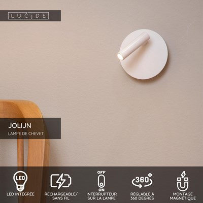 Lucide JOLIJN - Lampe de chevet / Applique mural Rechargeable - Batterie/Piles - Ø 10,2 cm - LED - 1x2W 3000K - Magnétique - Blanc